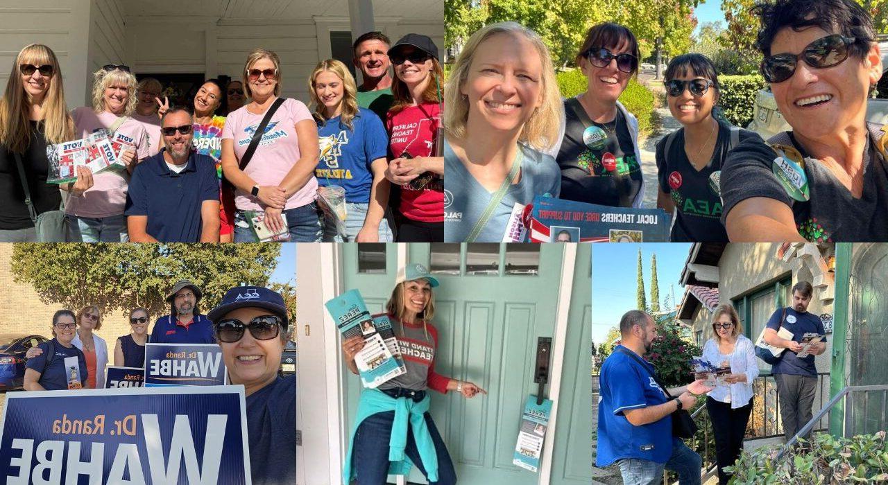 A collage of photos featuring California union teachers canvassing for local school board races.